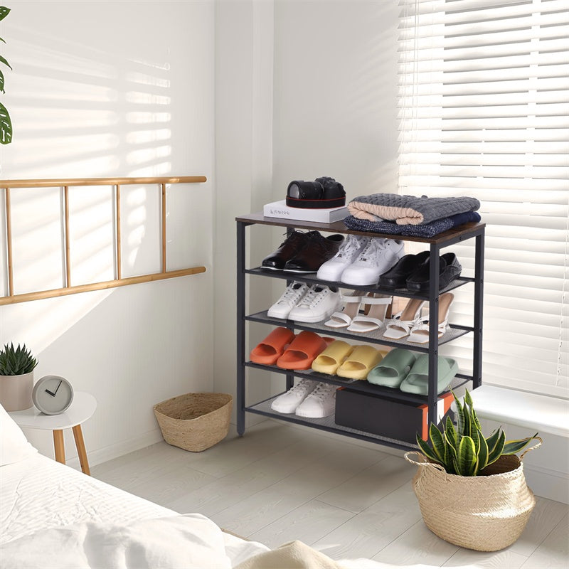4-tier Shoe Rack With Grid Rack Wooden Rustic Foyer Shoe Rack With Coat Hook, Suitable For The Steel Frame Of The Living Room Mud Room At The Front Door Of The Corridor